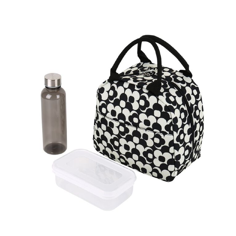Living & Co Lunch Bag with Lunch Box 3 Piece Set Floral Black, , hi-res