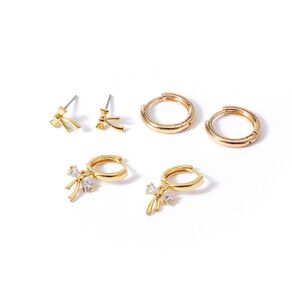 Gold Plated Bow CZ Earrings 3 Pairs
