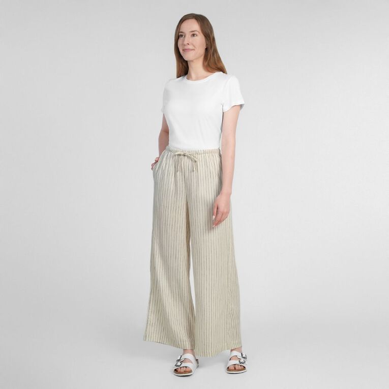H&H Women's Tie Waist Linen Blend Pants, Cream, hi-res