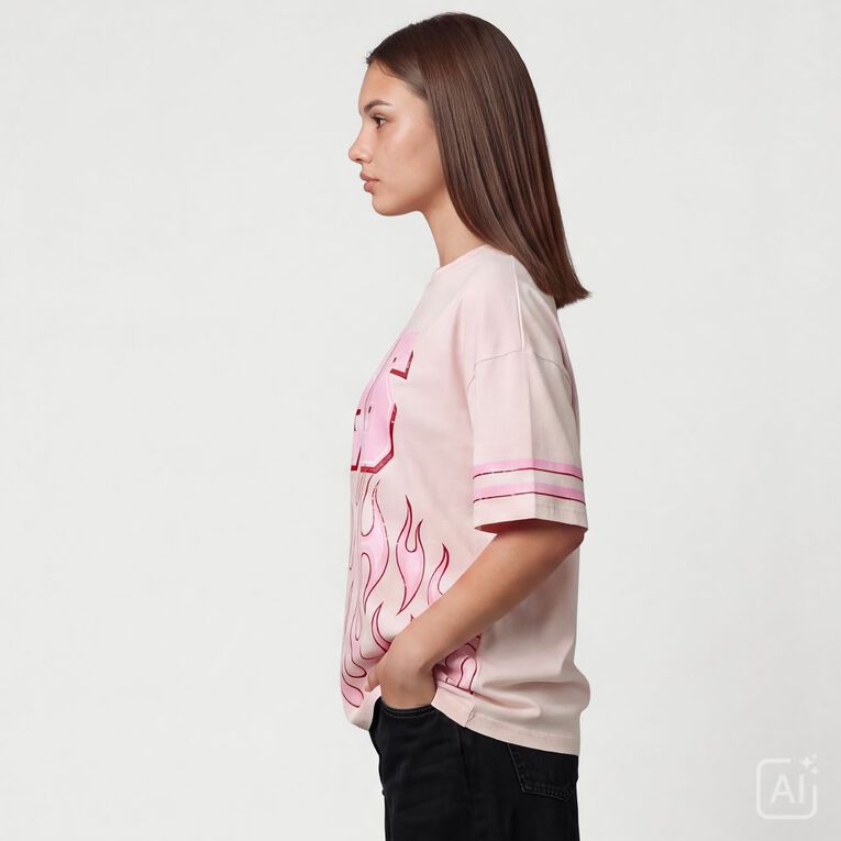 Garage Women's Short Sleeve Flame Printed Cotton Tee, Pink, hi-res