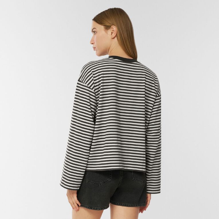 H&H Women's Long Sleeve Boxy Stripe Crew Neck Tee, Grey Dark, hi-res