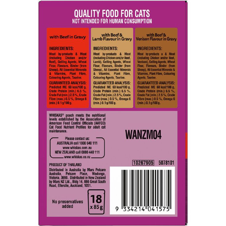 Whiskas Adult Wet Cat Food with Beef in Gravy Pouches 18 Pack, , hi-res