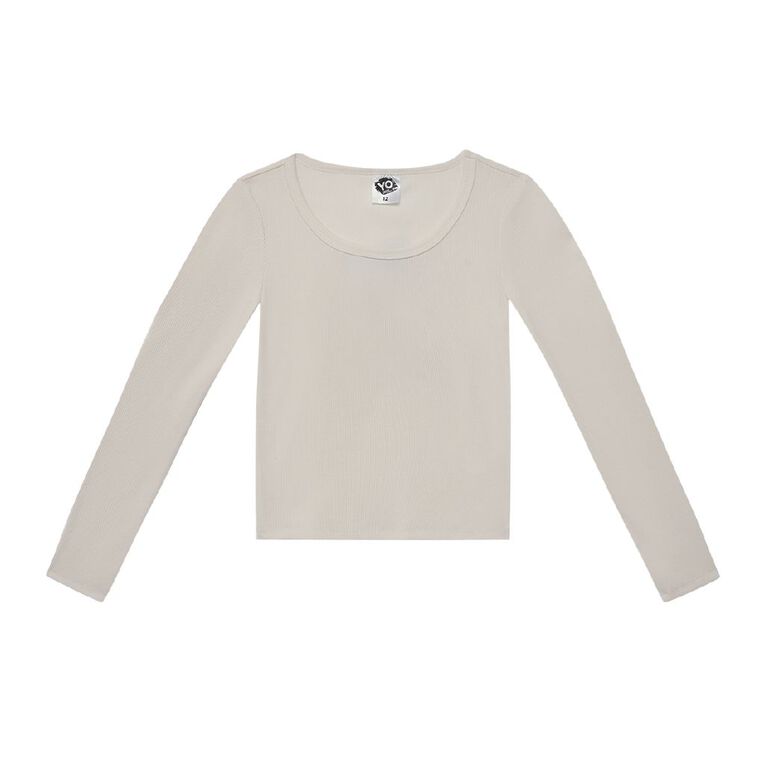 Young Original Long Sleeve Rib Scoop Neck Top, Cream, hi-res