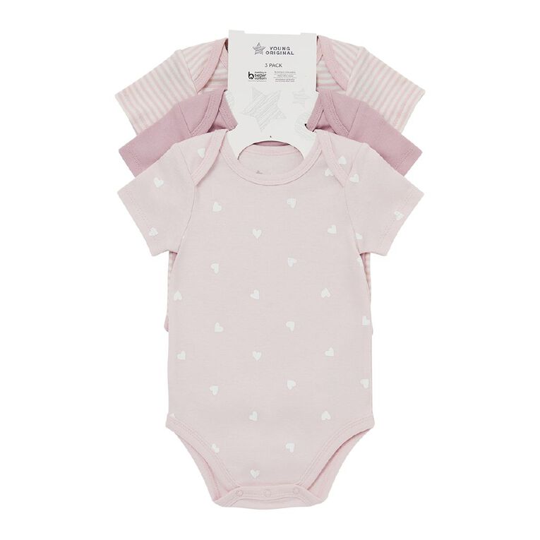 Young Original Baby Short Sleeve Printed Bodysuit 3 Pack, Pink Light HEARTS, hi-res