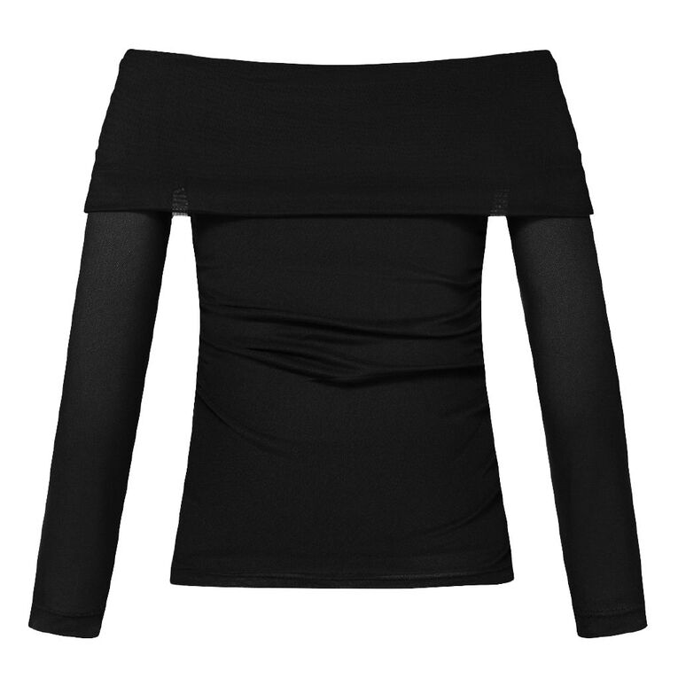 BRDRLESS Gia Mesh Long Sleeve Top, Black, hi-res