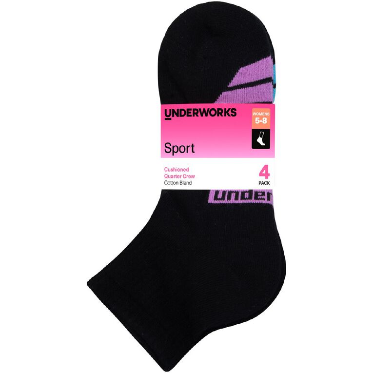 Underworks Women's Quarter Crew Sport Socks 4 Pack, Black, hi-res