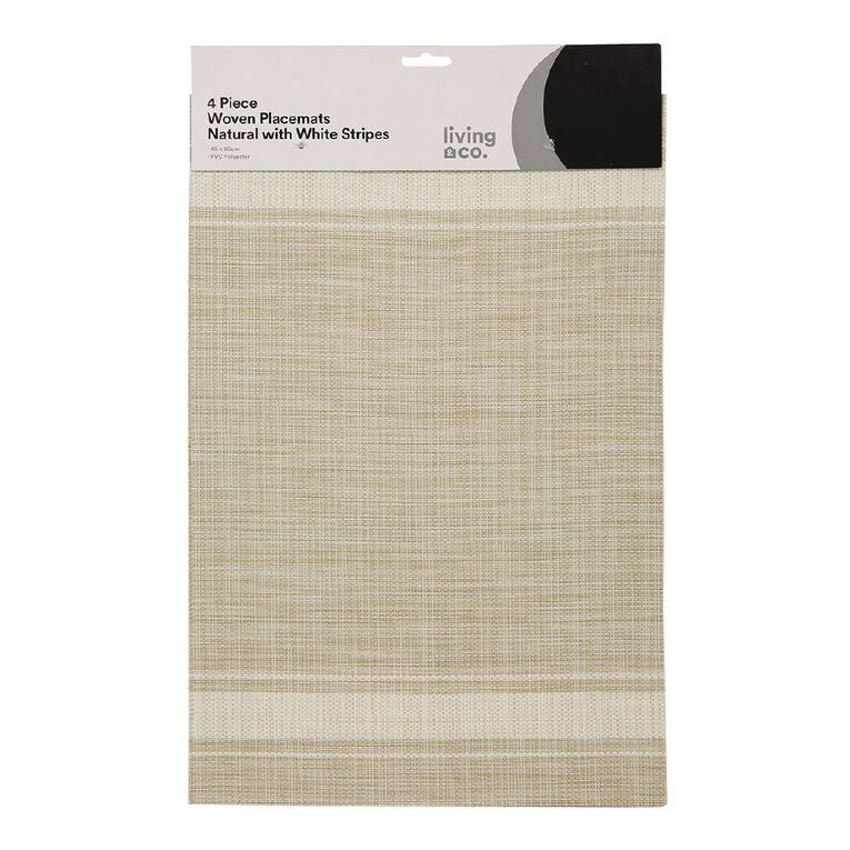 Living & Co Woven Placemat With White Stripe 4 Pack Natural 30cm x 40cm, , hi-res