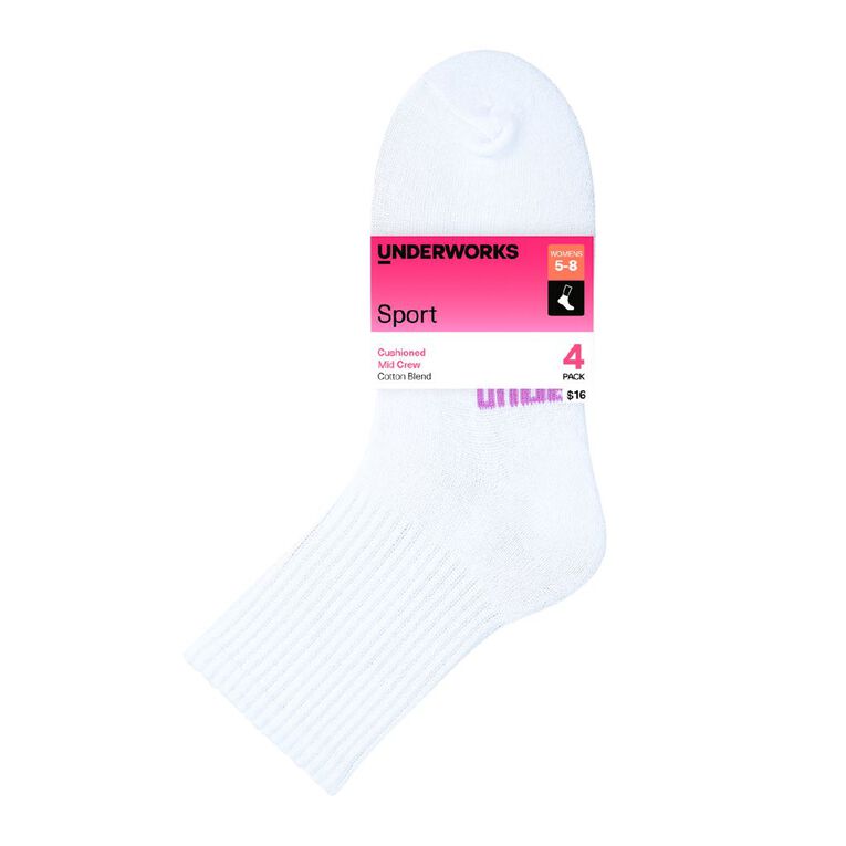 Underworks Women's Sport Mid Crew Socks 4 Pack, White, hi-res