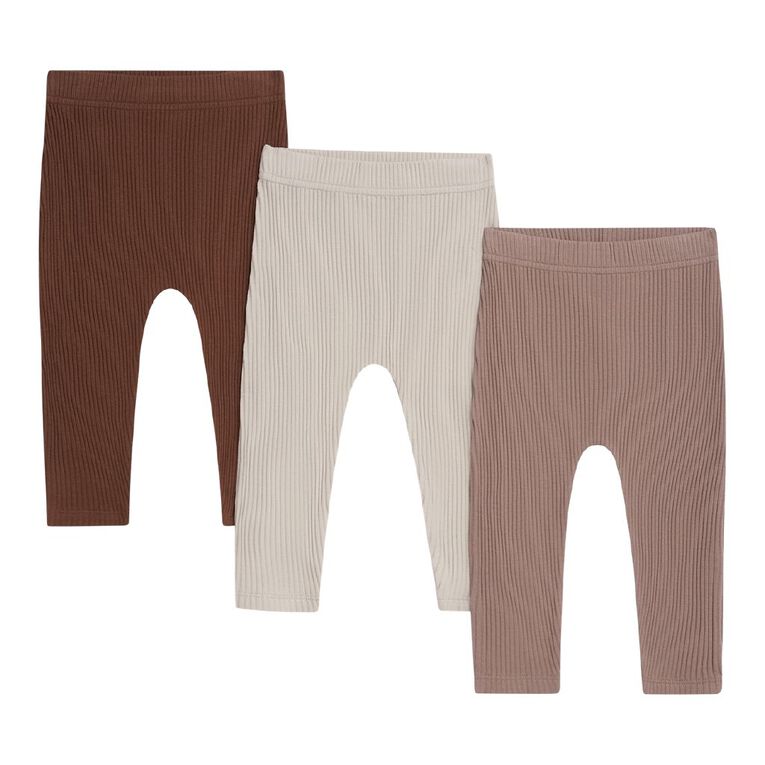 Young Original Babies' Rib Leggings 3 Pack, Brown, hi-res