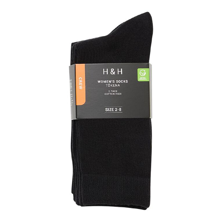 H&H Women's Plain Crew Socks 5 Pack, Black, hi-res