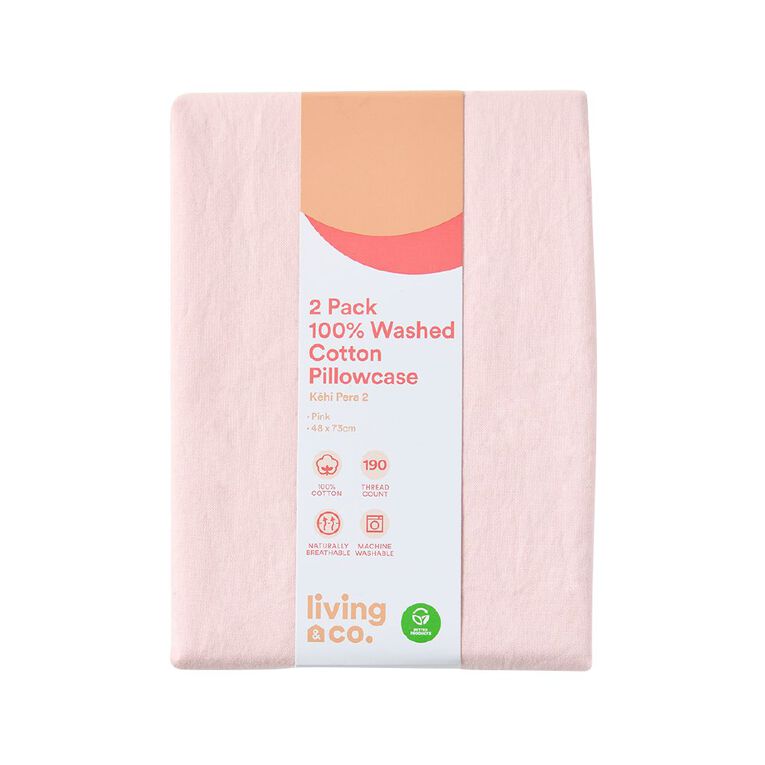 Living & Co 100% Washed Cotton 2 Pack Pillowcase Pink 48cm x 73cm, , hi-res
