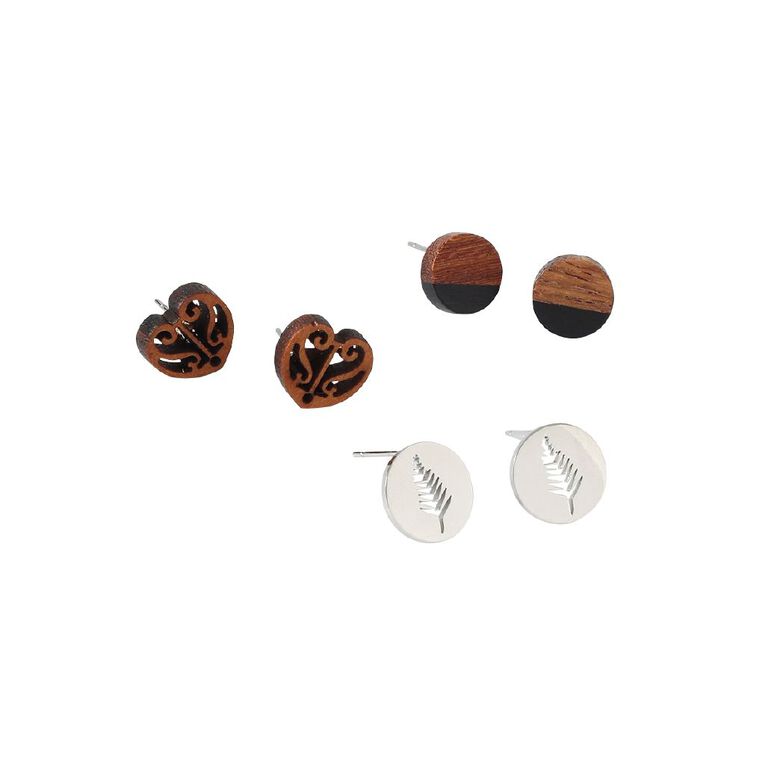 Kiwiana Wooden Disc Heart Fern Stud Earrings 3 Pairs, , hi-res