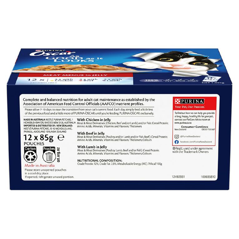 Oscar Adult Meat Menus Jelly Wet Cat Food Pouch 12 x 85g, , hi-res