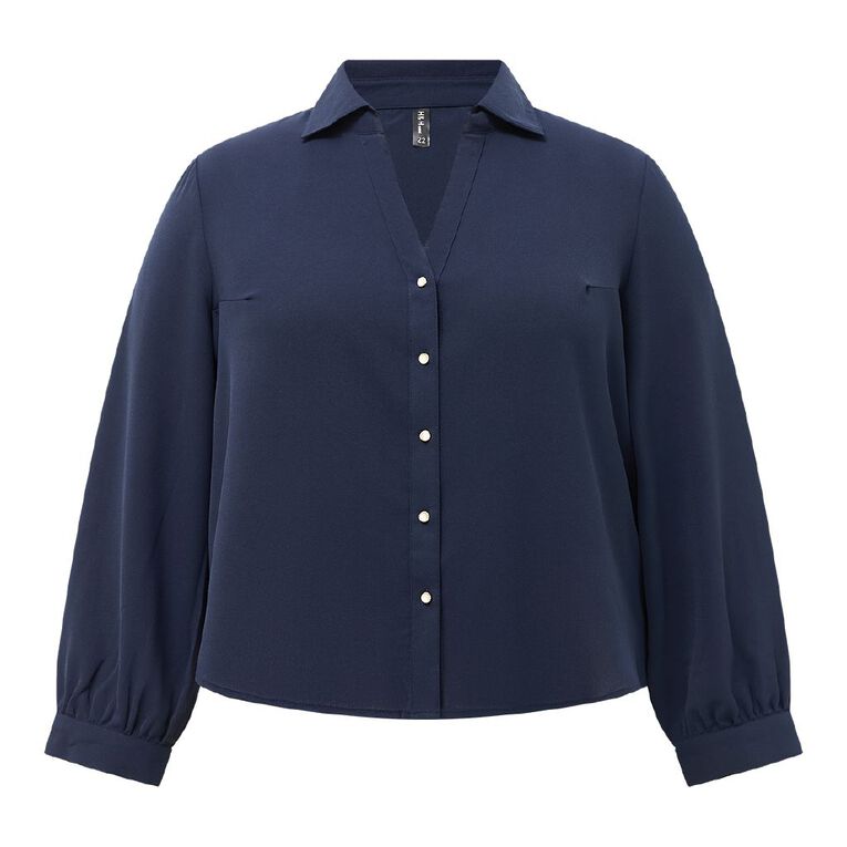 H&H Curve Women's Long Sleeve V-Neck Shirt, Navy, hi-res