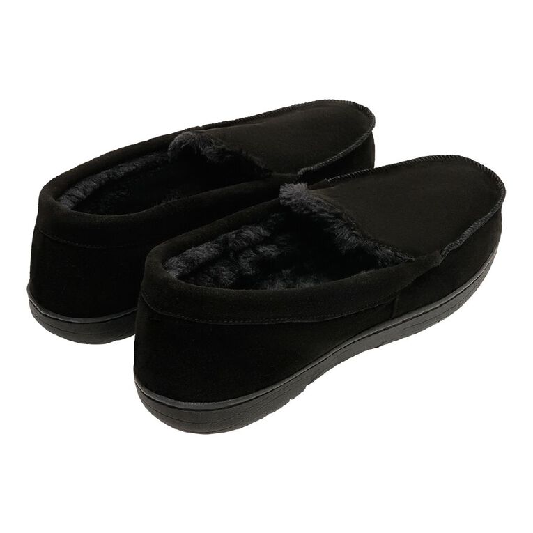 H&H Men's Leroy Leather Moccasin Slippers, Black, hi-res