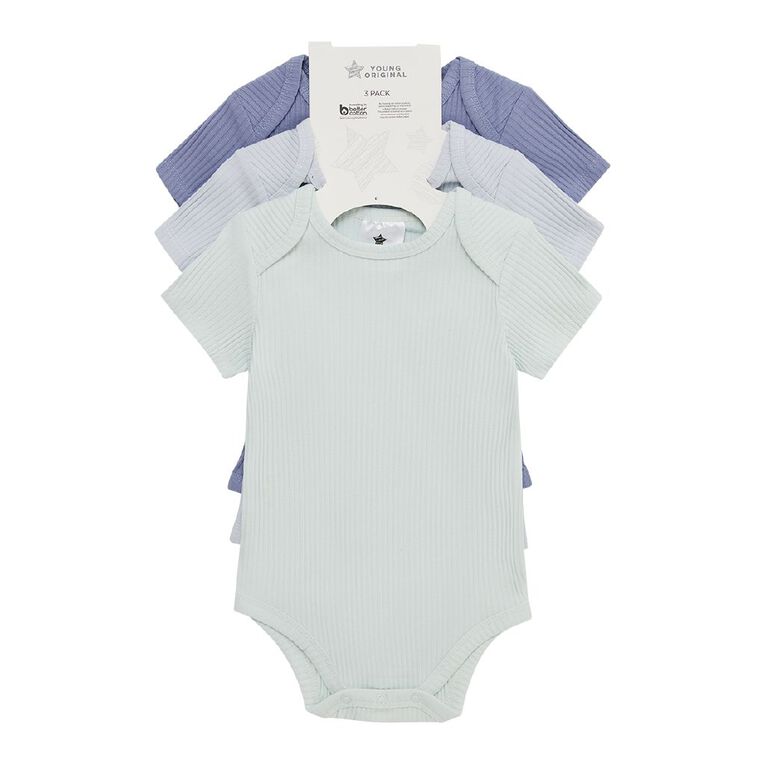 Young Original Babys' Short Sleeve Rib Bodysuit 3 Pack, Blue Light, hi-res