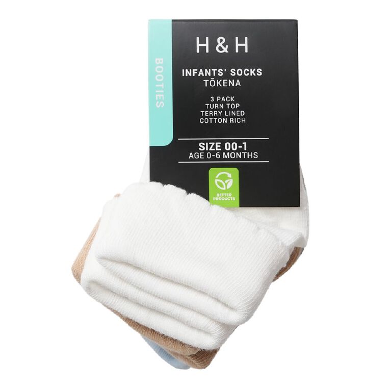H&H Infants' Scalloped Turn Top Socks 3 Pack, Beige, hi-res
