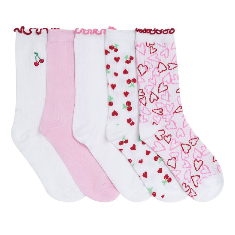 H&H Girls' Rib and Frill Crew Socks 5 Pack, Pink Light, hi-res