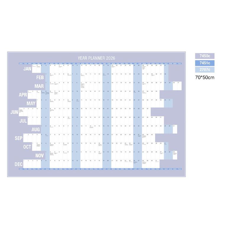 WS 2026 Wall Planner Laminated 750mm x 500mm Blue, , hi-res