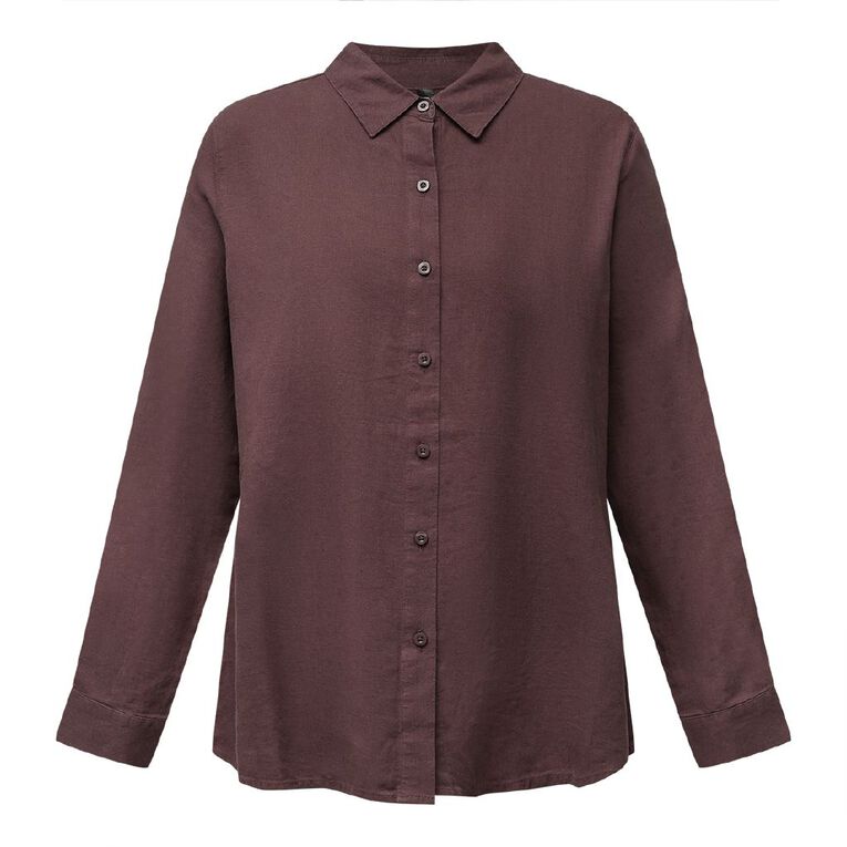 H&H Women's Long Sleeve Essential Linen Blend Shirt, Brown Dark, hi-res