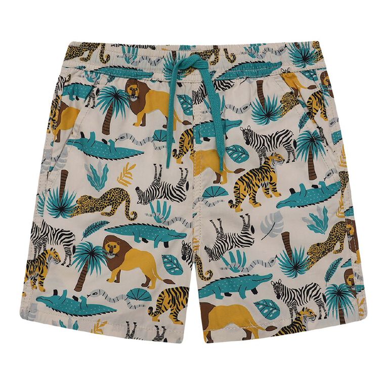 Young Original Printed Cotton Volley Shorts, Cream, hi-res