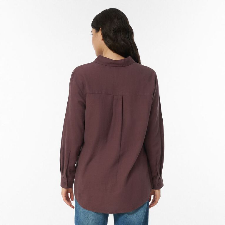 H&H Women's Long Sleeve Essential Linen Blend Shirt, Brown Dark, hi-res