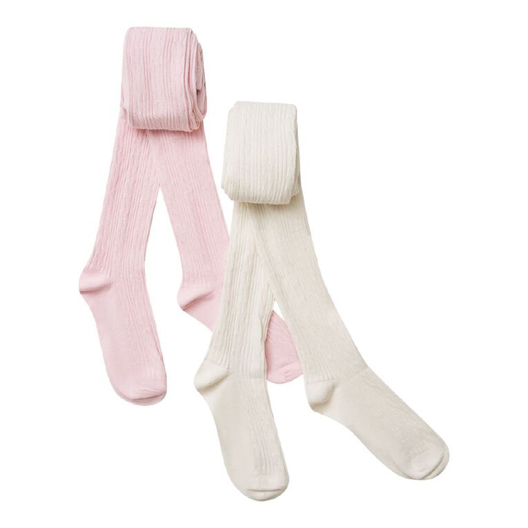 H&H Girls' Cable Tights 2 Pack, Cream, hi-res