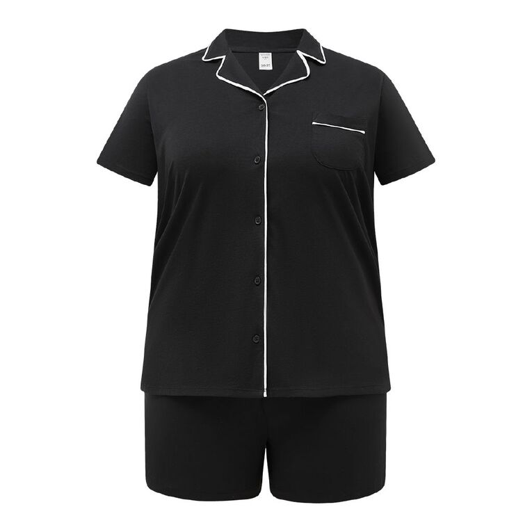 H&H Women's Plus Button Up Pyjama Set, Black, hi-res