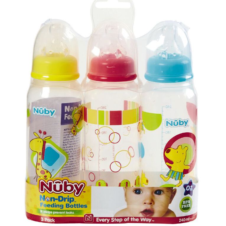 Nuby Standard Neck Non Drip Printed Bottle 240ml 3 Pack, , hi-res