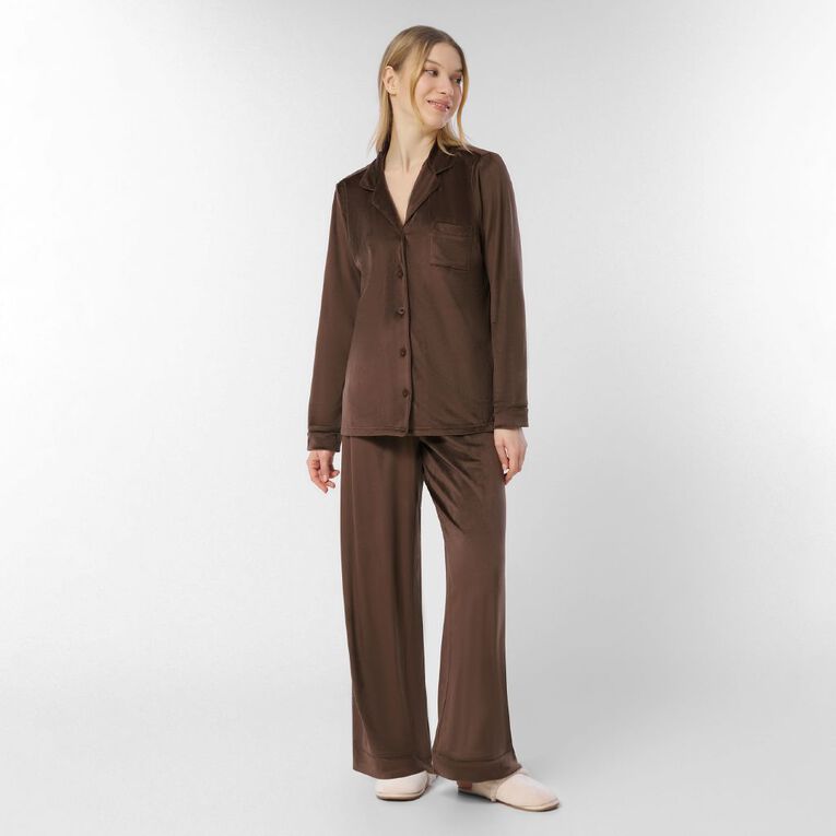 H&H Women's Mink Button Up Pyjama Set, Brown Dark, hi-res