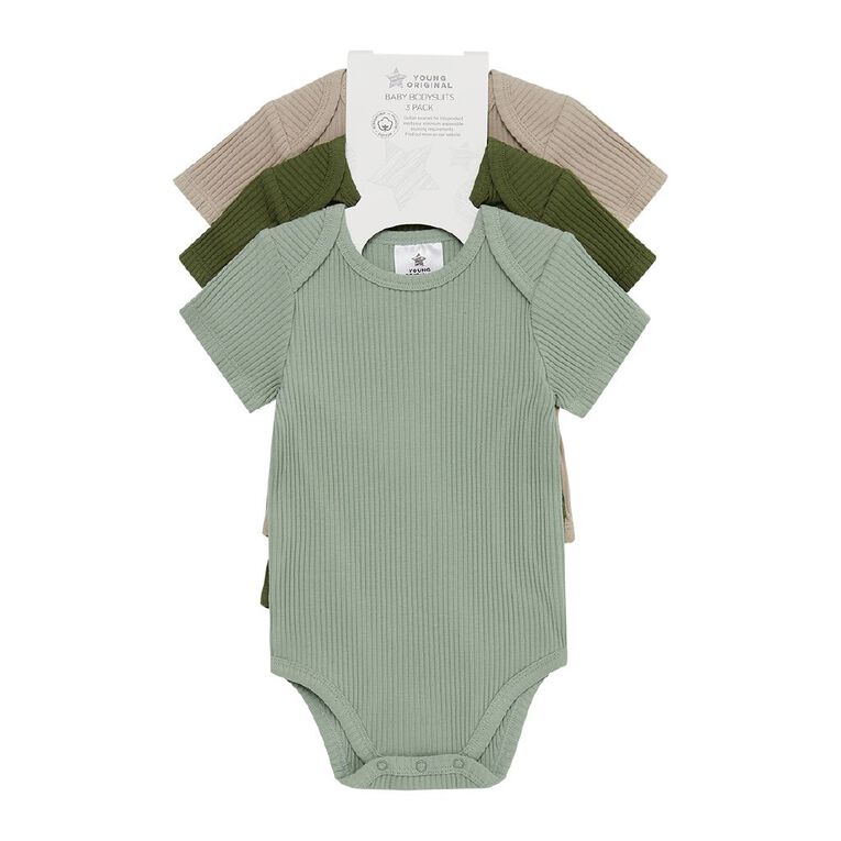 Young Original Babies' Short Sleeve Rib Bodysuit 3 Pack, Green Mid, hi-res
