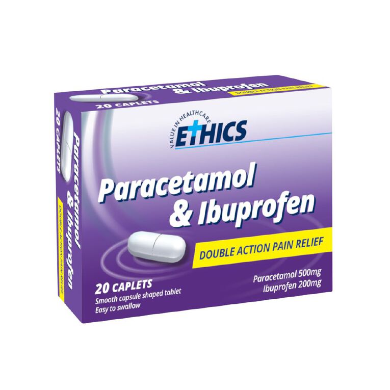 Ethics Paracetamol 500mg And Ibuprofen 200mg Caplets 20 Pack, , hi-res