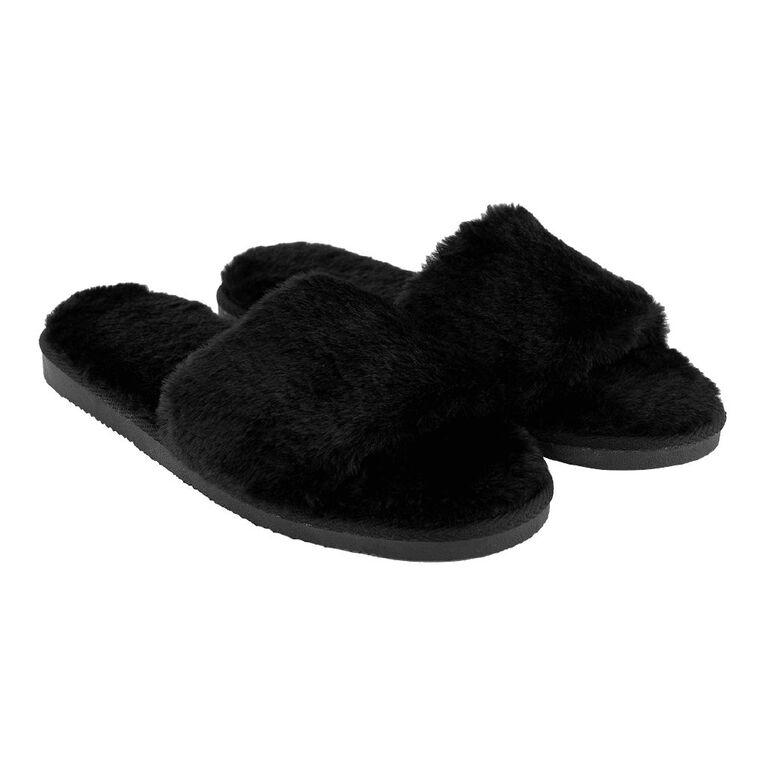 H&H Women's Fluffy Strap Slide Slippers Black The Warehouse
