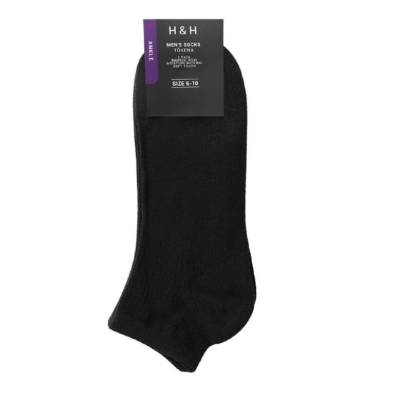 H&H Men's Bamboo Ankle Socks 3 Pack, Black, hi-res