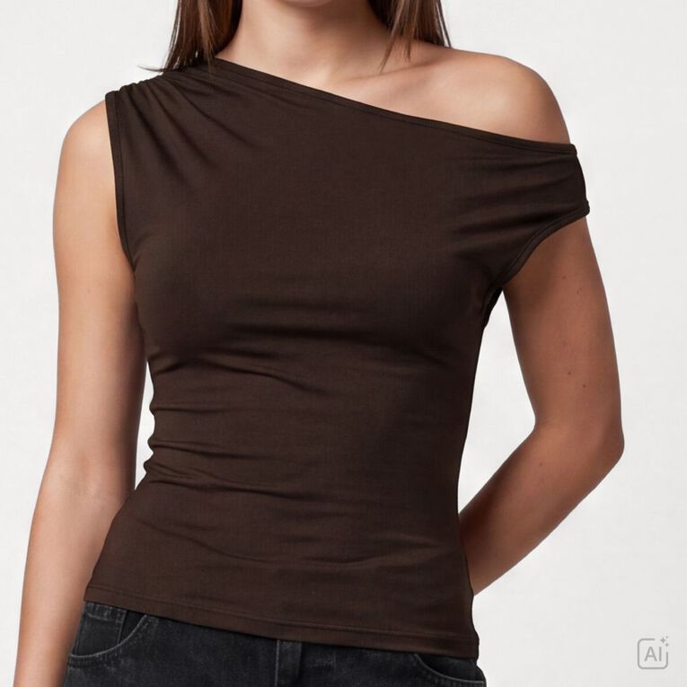 Garage Women's Contour Off Shoulder Ruched Top, Brown Dark, hi-res