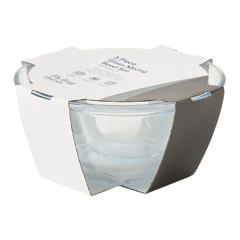 Living & Co Glass Mixing Bowl Set Clear 3 Piece, , hi-res