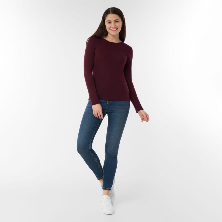 H&H Women's Merino Blend Crew Neck Top, Red Dark, hi-res
