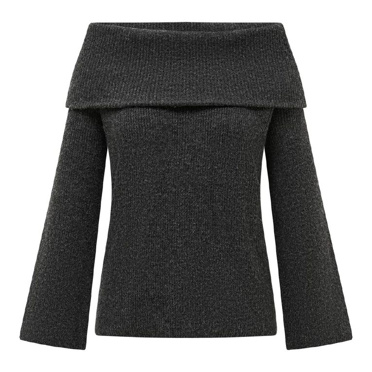 H&H Women's Long Sleeve Off Shoulder Knit Jumper, Charcoal/Marle, hi-res