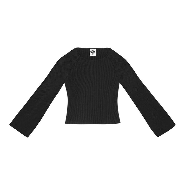 Young Original Long Sleeve Rib Flare Top, Black, hi-res