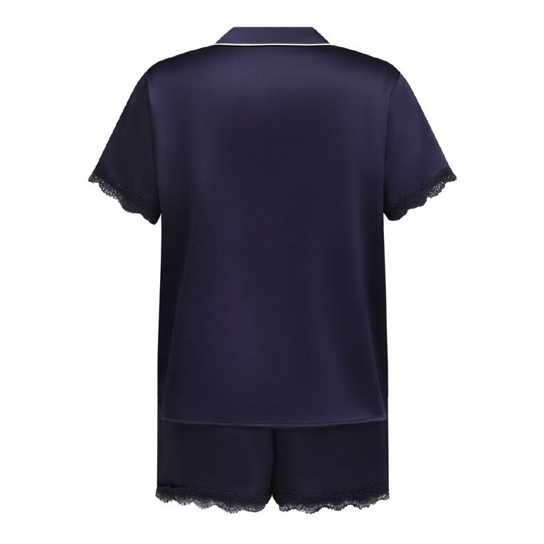 H&H Women's Satin Button Up Short Sleeve Pyjama Set, Blue Dark, hi-res