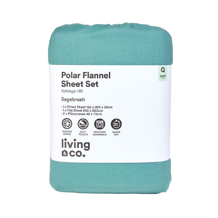 Living & Co Polar Flannel Sheet Set Green Queen, Green, hi-res