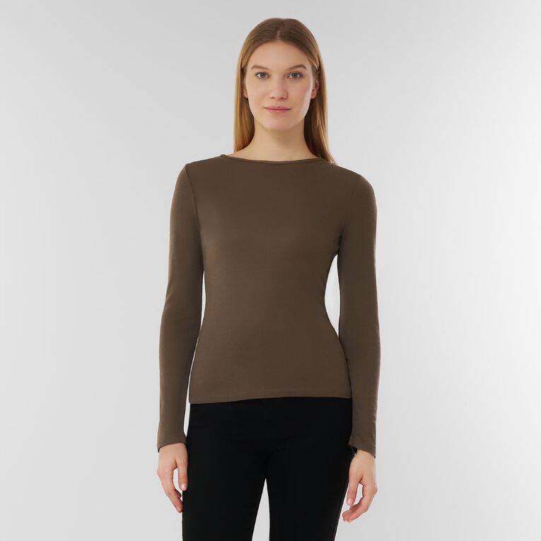 H&H Women's Merino Blend Crew Neck Top, Brown Mid, hi-res