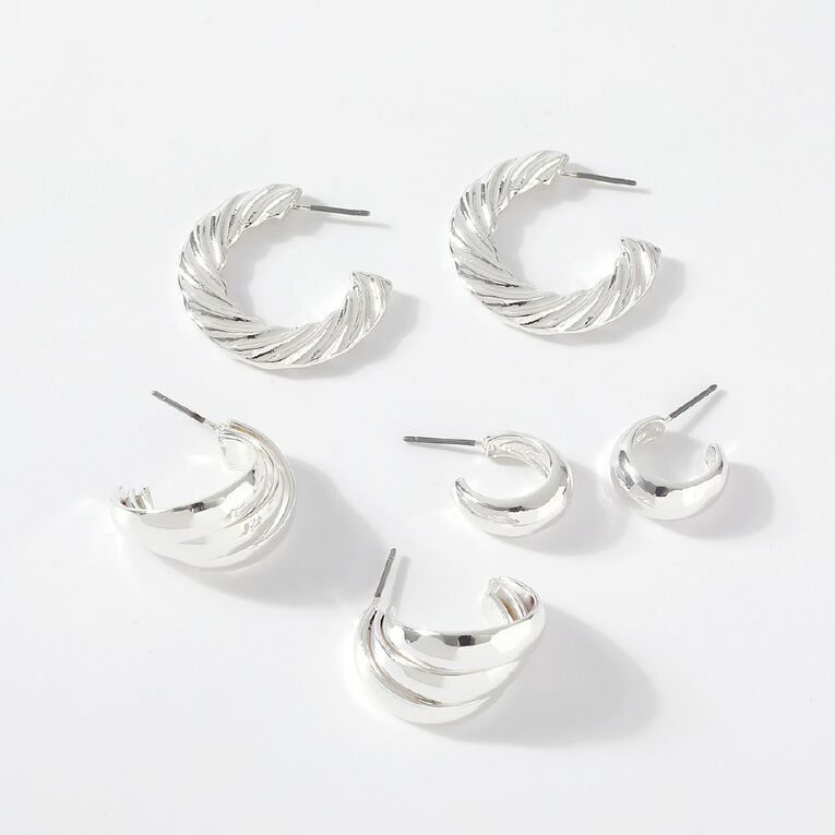 H&H Smooth Huggie Twisted Tri Hoop Earrings 3 Pairs, , hi-res