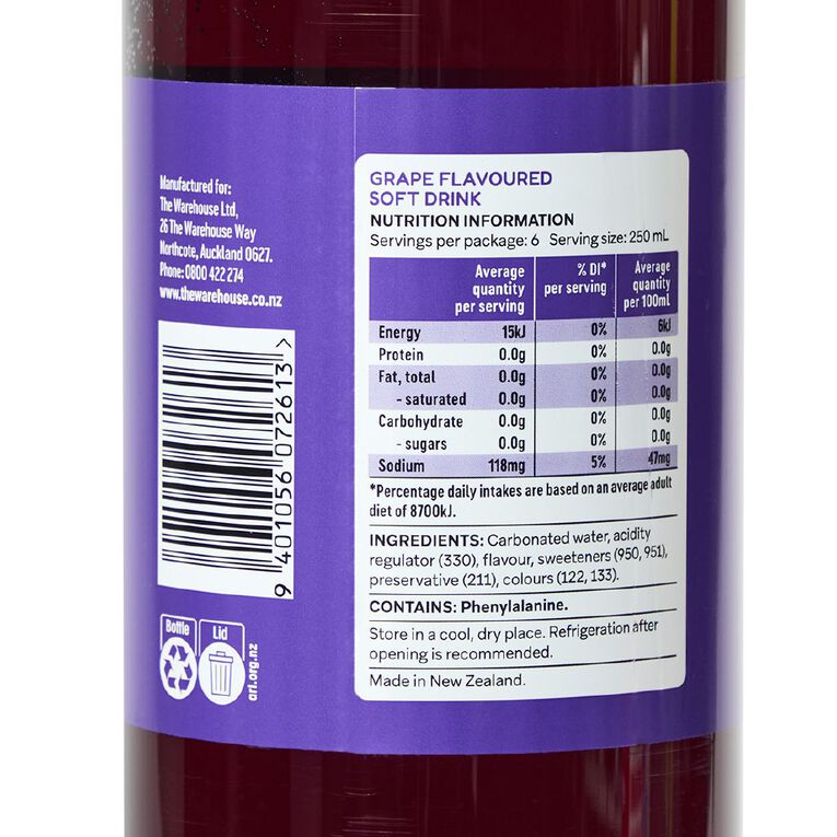 Nice 99% Sugar Free Grape Carbonated Soft Drink 1.5L, , hi-res