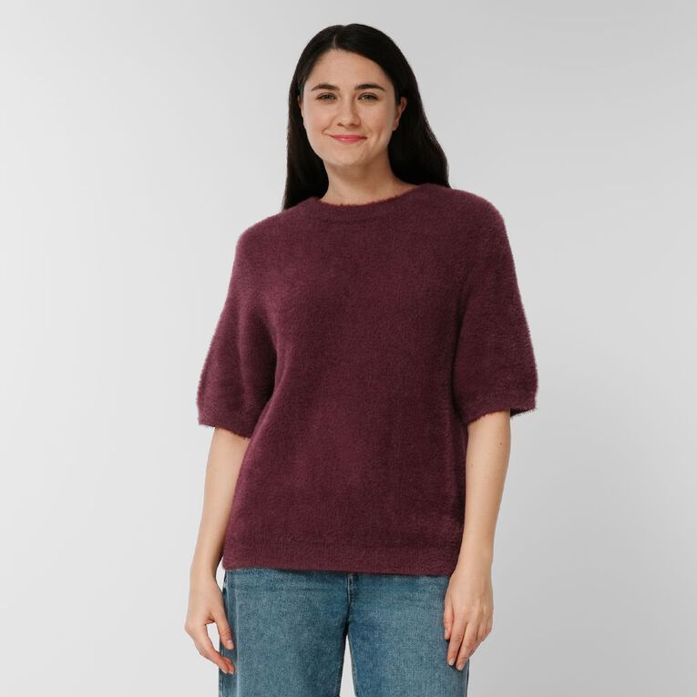 H&H Women's Short Sleeve Fluffy Knit Jumper, Red Dark, hi-res