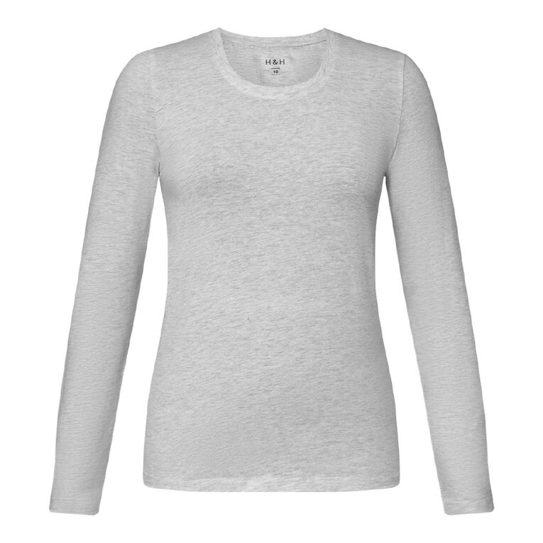 H&H Women's Stretch Long Sleeve Scoop Neck Tee, Silver Grey, hi-res