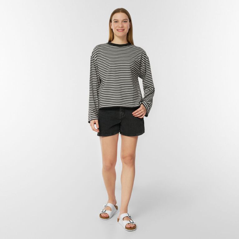 H&H Women's Long Sleeve Boxy Stripe Crew Neck Tee, Grey Dark, hi-res