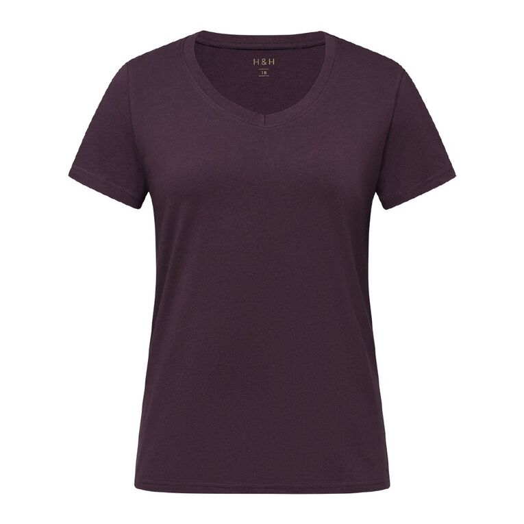 H&H Women's Short Sleeve V Neck Tee, Purple Dark, hi-res
