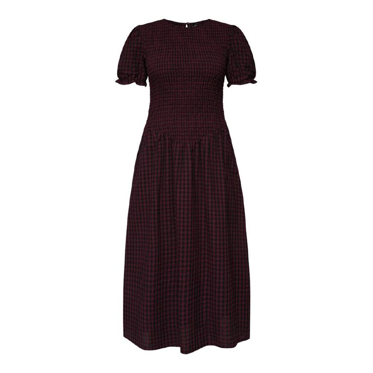 H&H Women's Short Sleeve Shirred Bodice Dress Midi, Red Dark, hi-res
