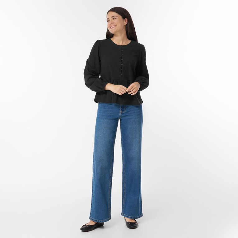 H&H Women's Long Sleeve Button Through Blouse, Black, hi-res